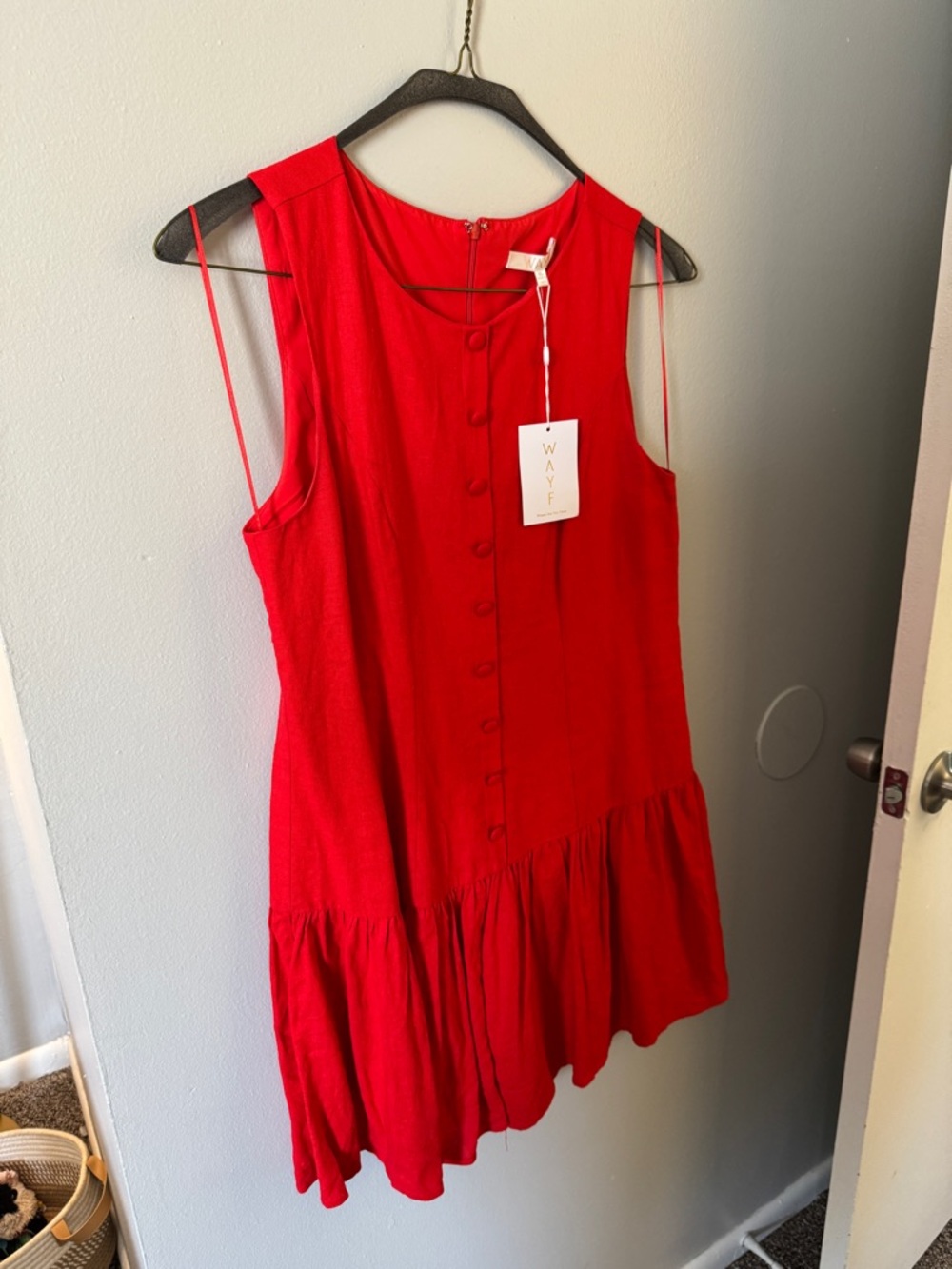 Drop Waist Red Button-Front Mini Dress - Picture 3 of 5